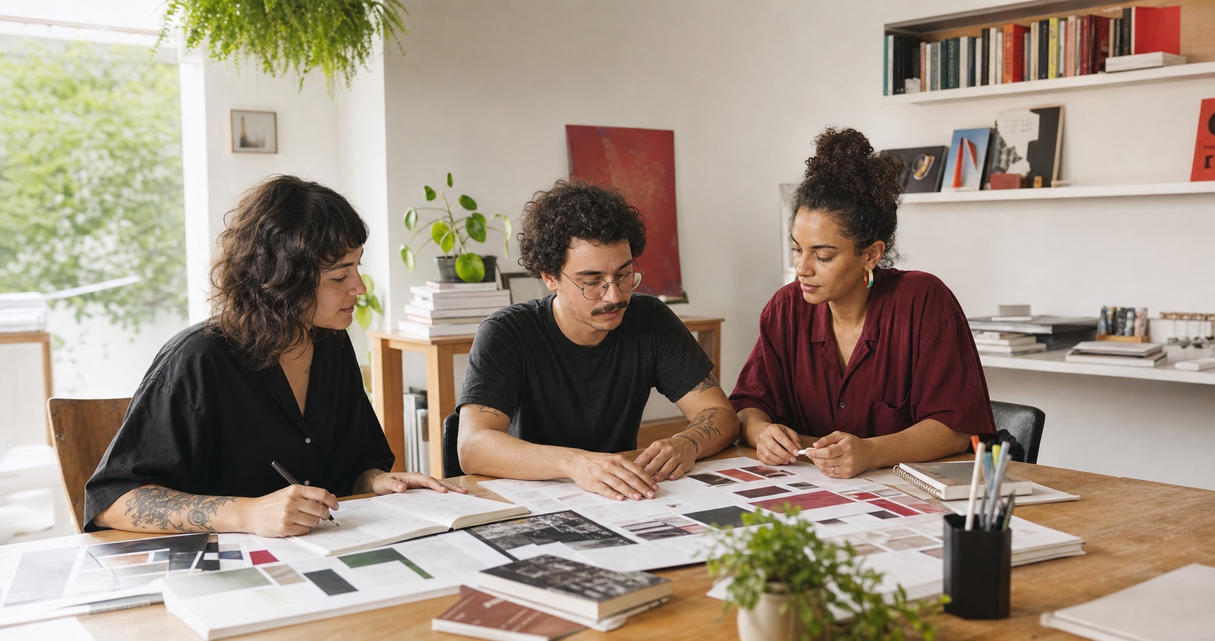 Equipe criativa colaborando em um projeto de marca